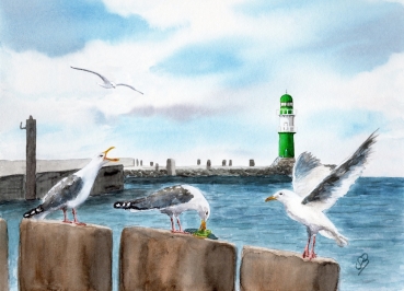 Poster DIN-A4 Aquarell Maritim Kunst Druck Kunstdruck Ostsee Leuchtturm Warnemünde Westmole grün Mole Molenfeuer  Rostock